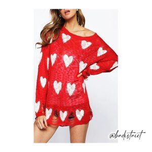 All Over Heart Distressed Sweater Red Large